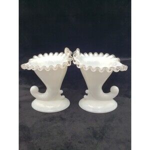 Pair Of Fenton Silver Crest Cornucopia Candleholders 1958-1970 MCM Milk Glass